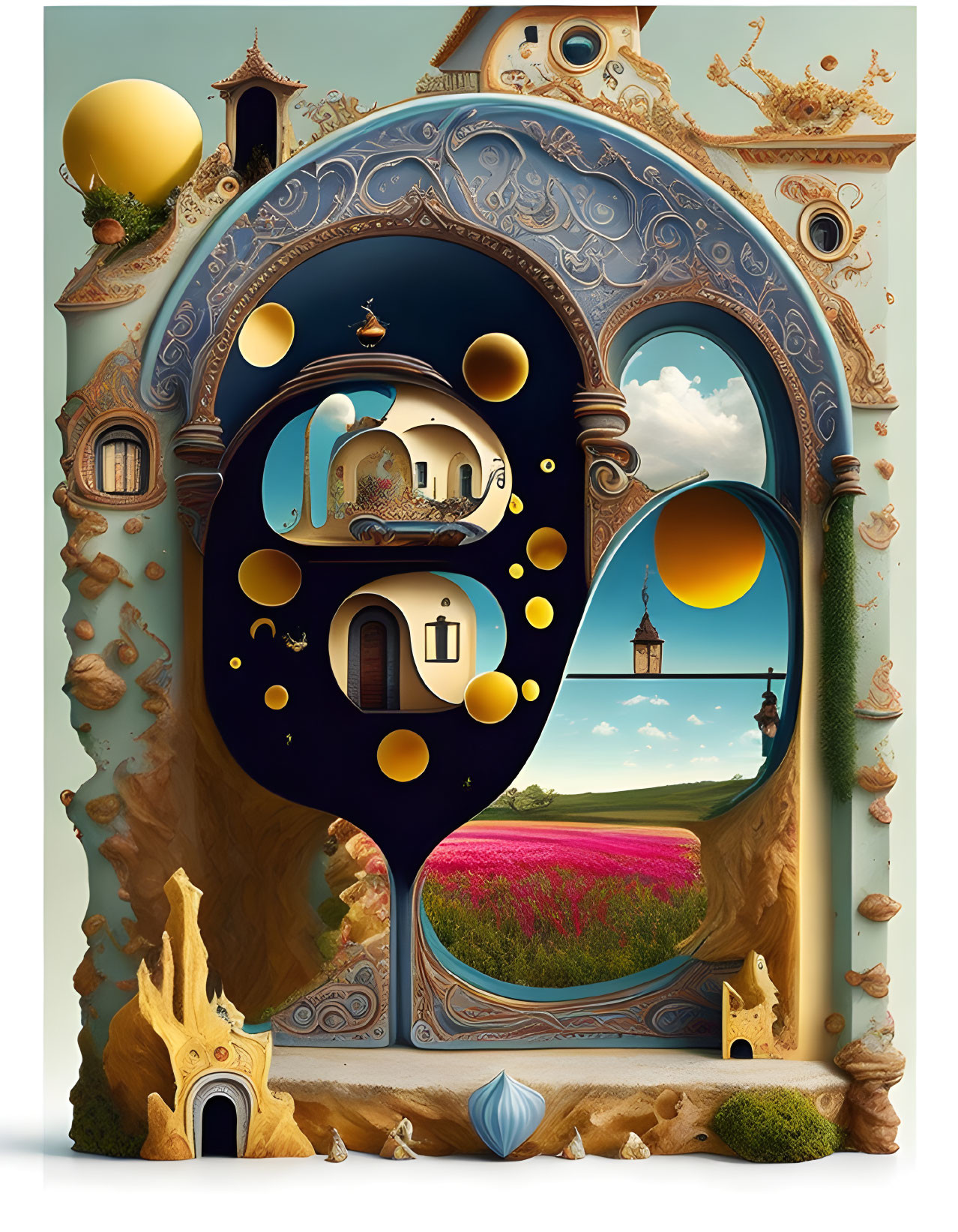 Surreal artwork: Building with yin yang, whimsical architecture, floating elements