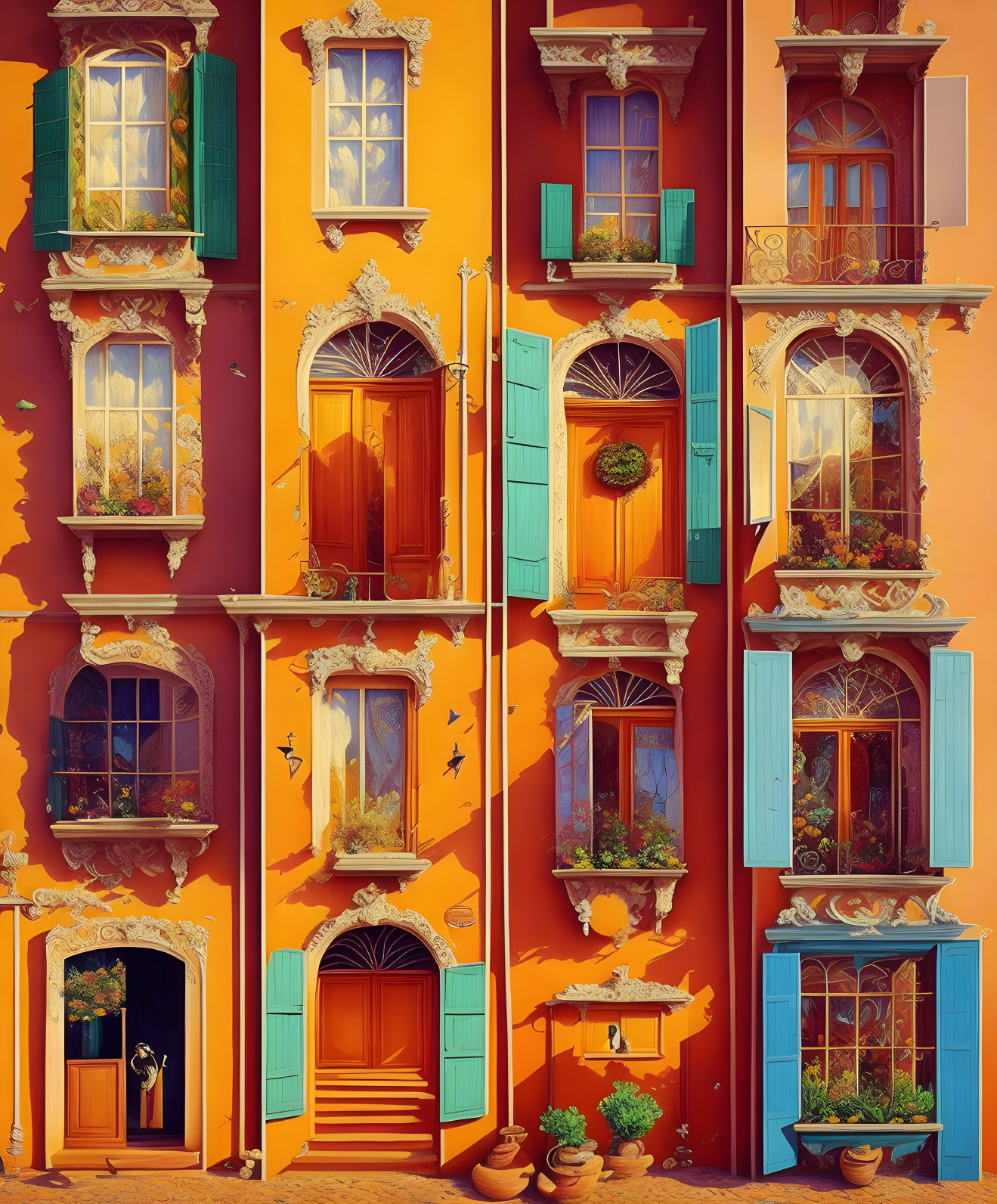 Colorful Collage of Ornate Orange and Yellow Windows and Doors