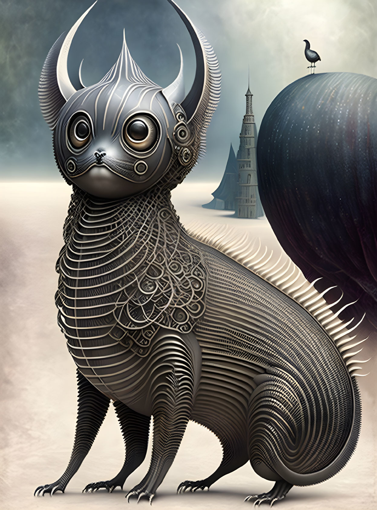 Elaborately patterned cat-like creature with horns in surreal setting.