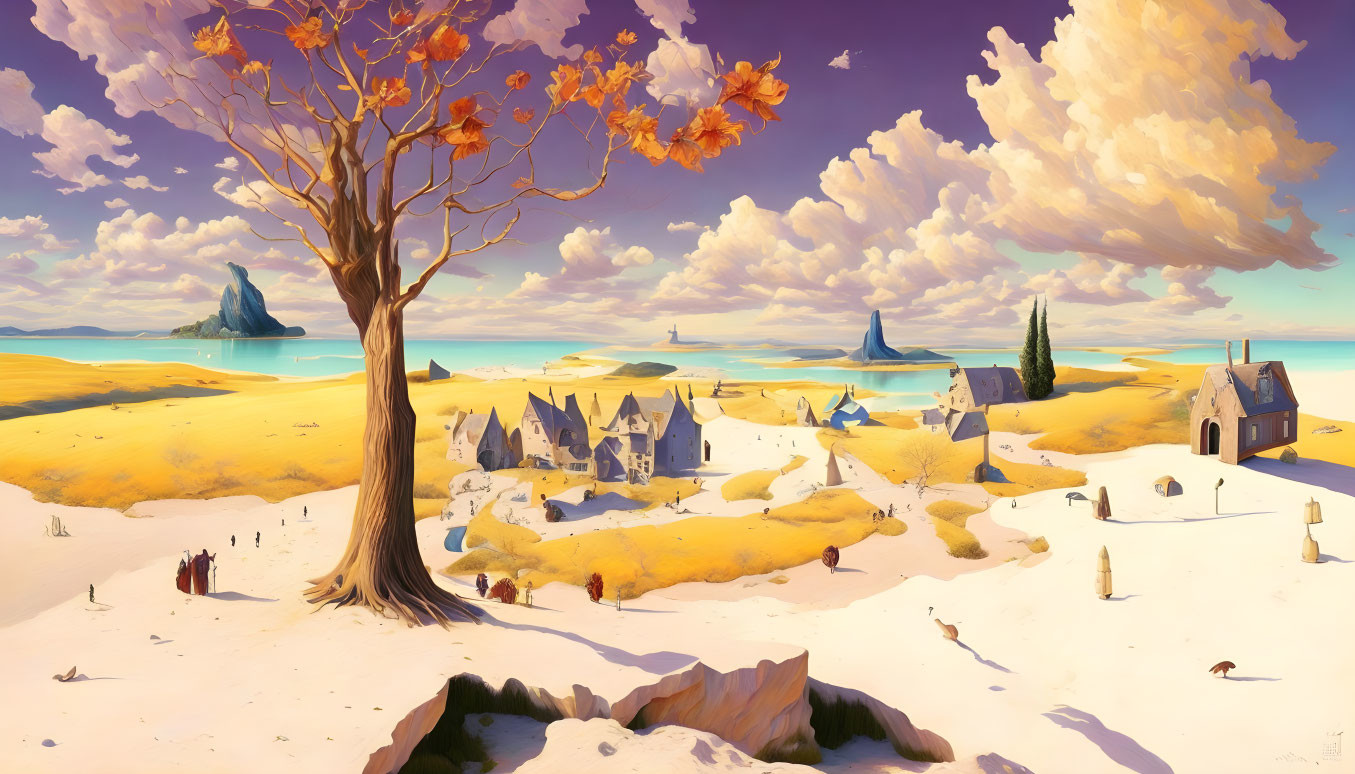 Stylized autumn landscape with golden hills and distant mountains