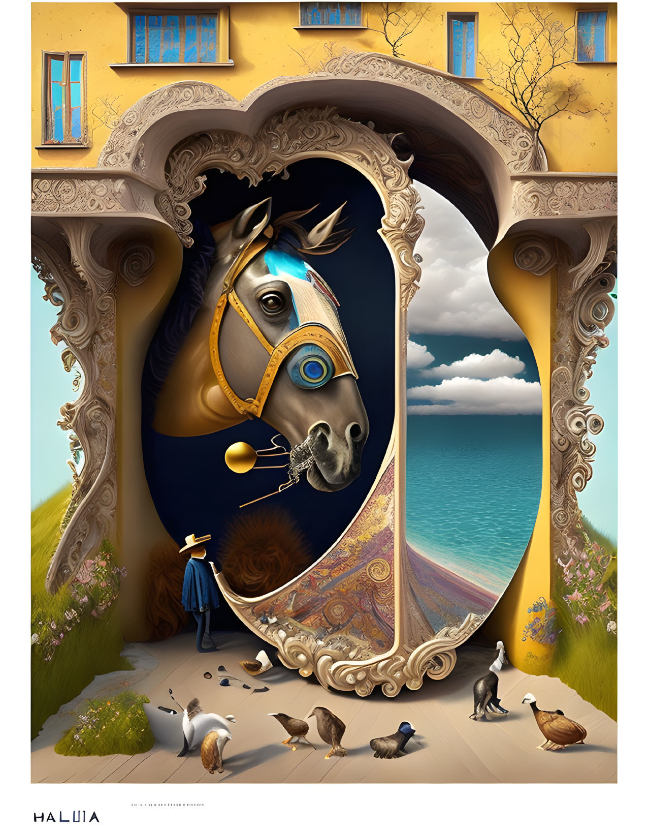Surreal coastal scene with mechanical horse head in ornate frame
