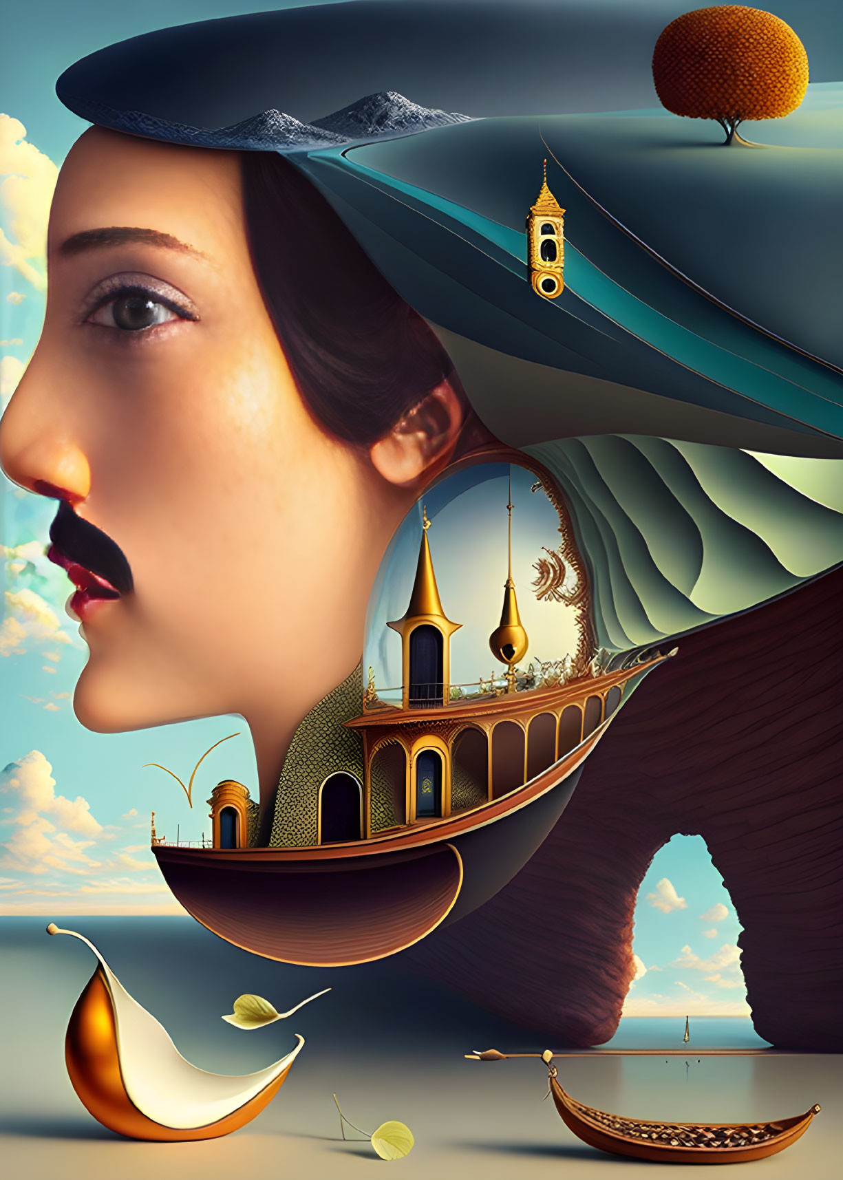 Surreal seascape with woman's profile and architectural elements