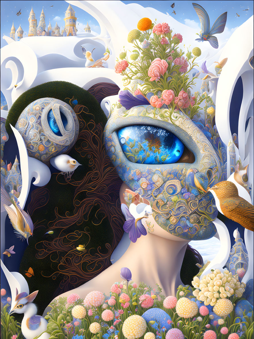 Surrealist portrait featuring ornate masquerade mask, flowers, wildlife, and architecture