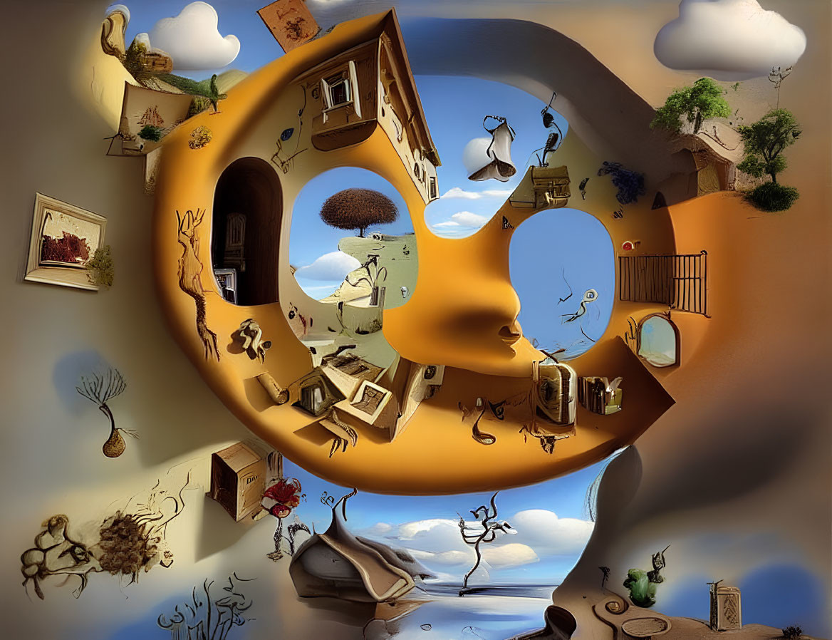 Circular surreal room with floating elements and cloud-painted walls