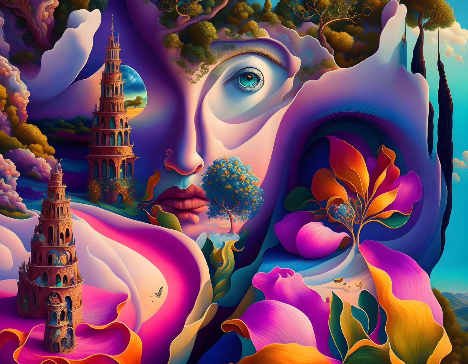 Surrealist landscape with nature and facial features blending in vivid colors