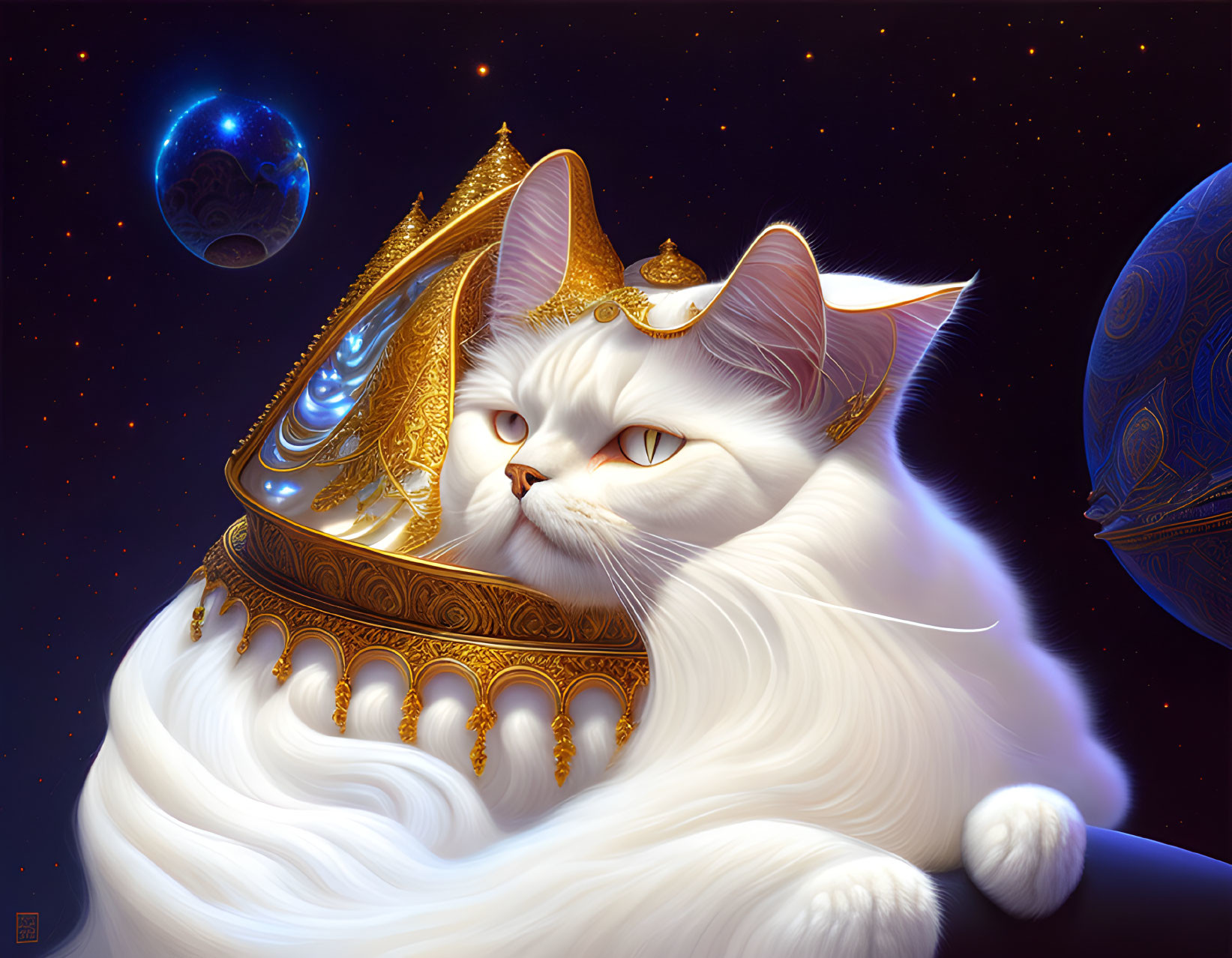 White Cat with Golden Headdress in Cosmic Setting