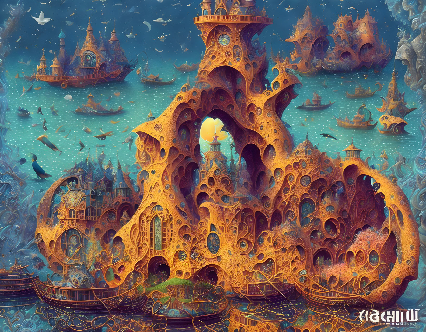 Intricate orange and blue surreal castle with marine life under starry sky