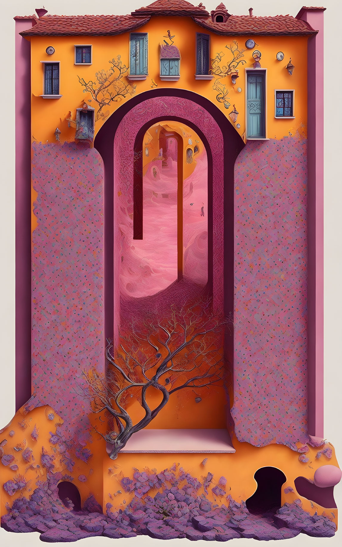 Surreal orange house with pink interior, arch frame, tree branches, purple foliage