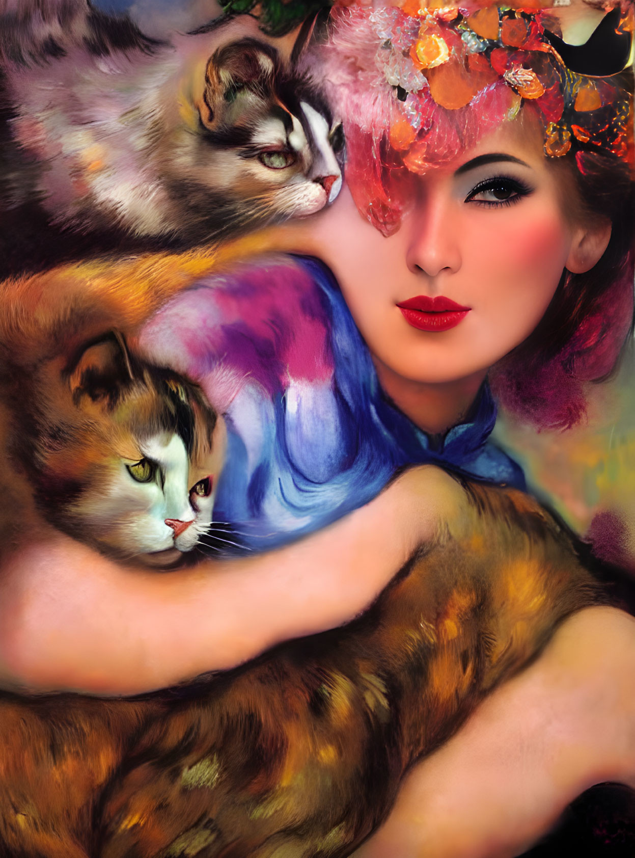 Colorful painting of woman with red lipstick, flowers in hair, and two fluffy cats.