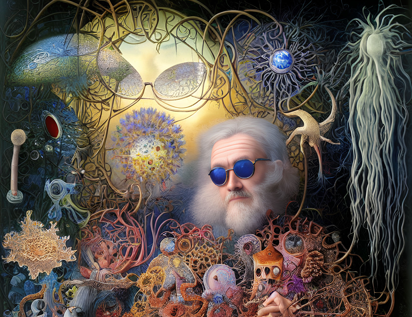 Surreal portrait of man with white beard and blue sunglasses among marine life motifs