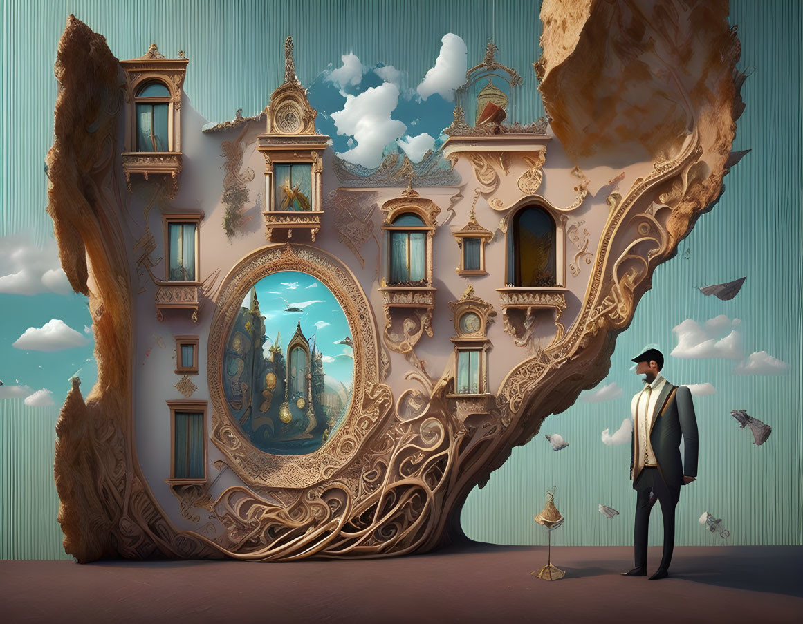 Man in suit at surreal, ear-shaped building with floating elements