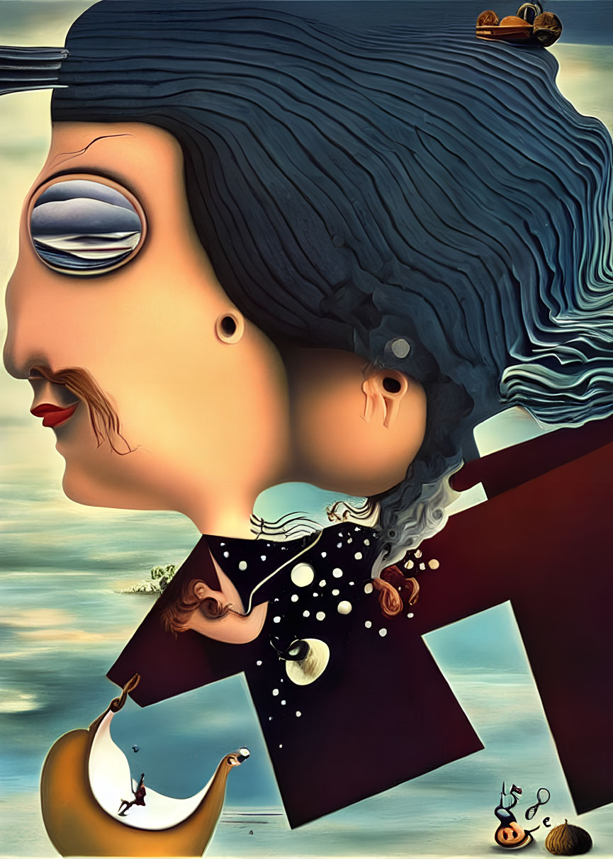 Surreal artwork: elongated facial features, tiny figure on ear, moon & goose in collar