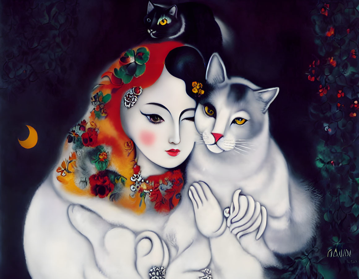 Stylized painting of woman with floral cat fusion under crescent moon