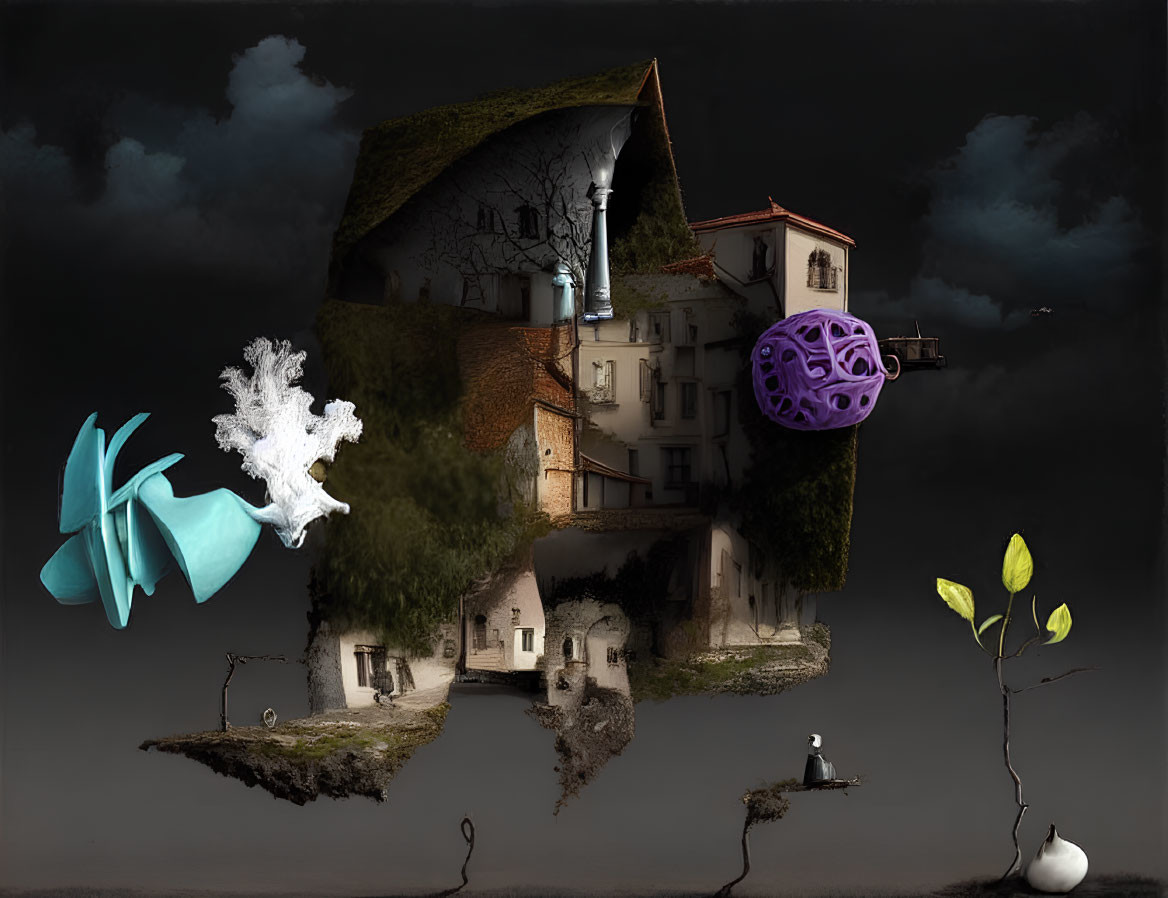 Surreal landscape with floating island house and whimsical creatures