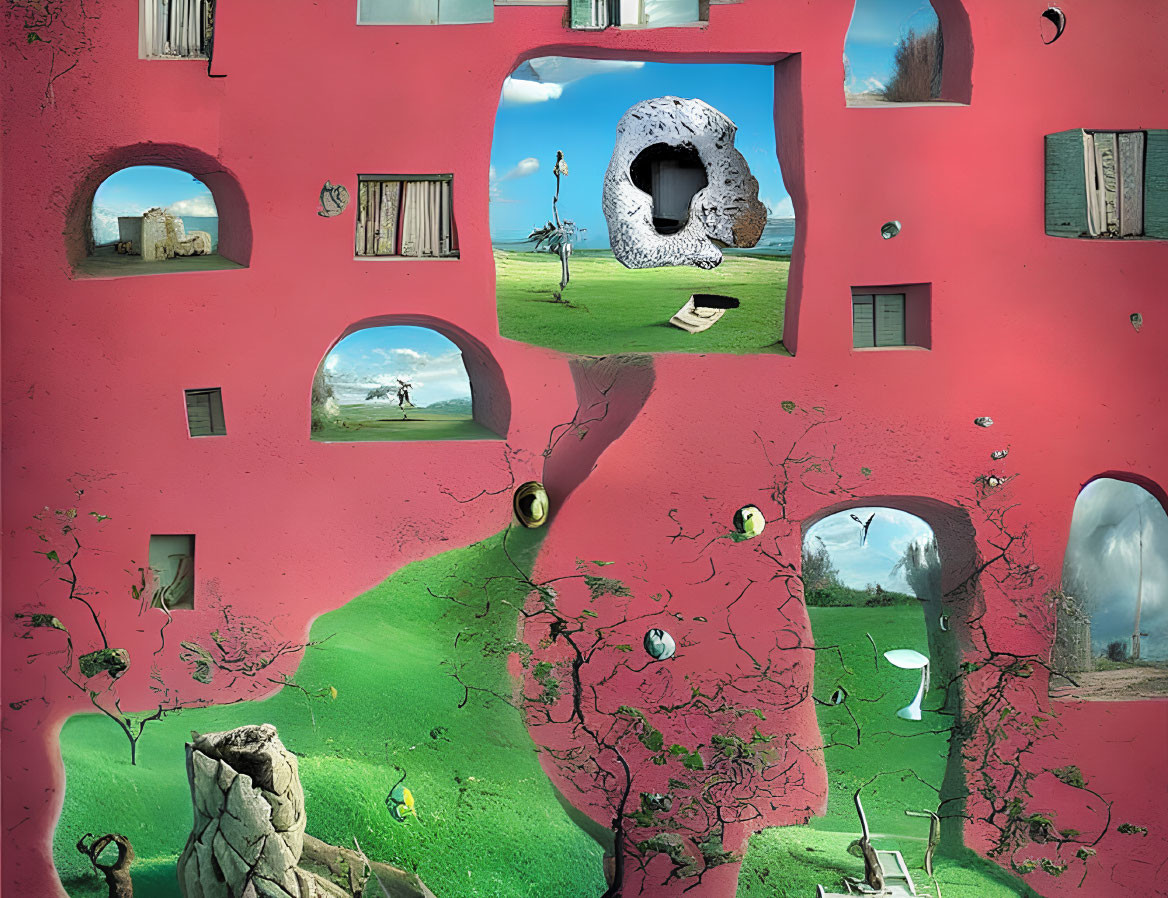 Surreal red structure with whimsical scenes on grassy landscape