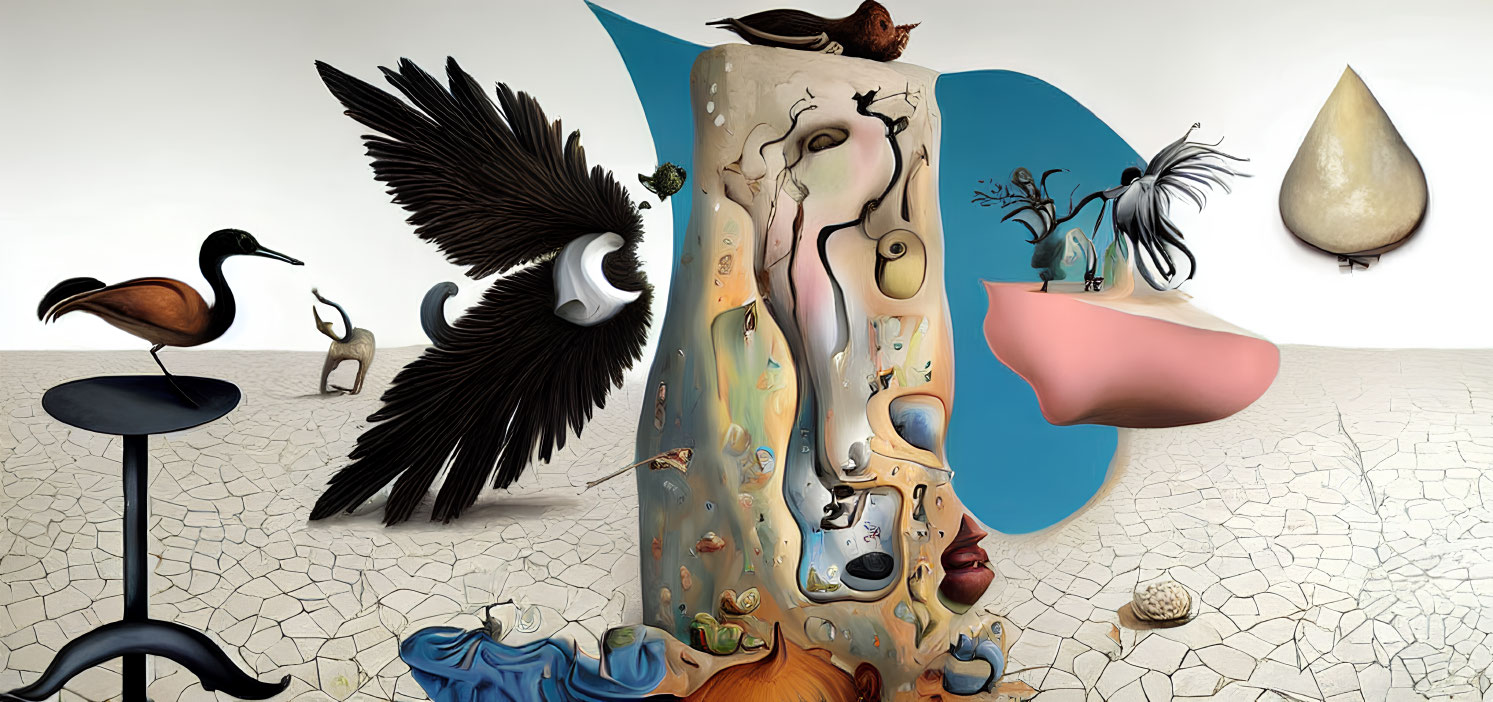 Surreal Artwork: Distorted Shapes, Winged Creatures, Melting Objects