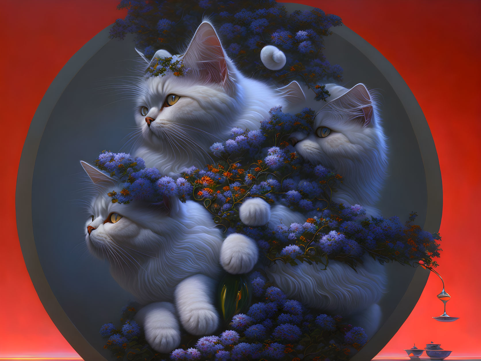 Three White Cats with Blue Flowers on Red Background and Floating Orb - Art Print