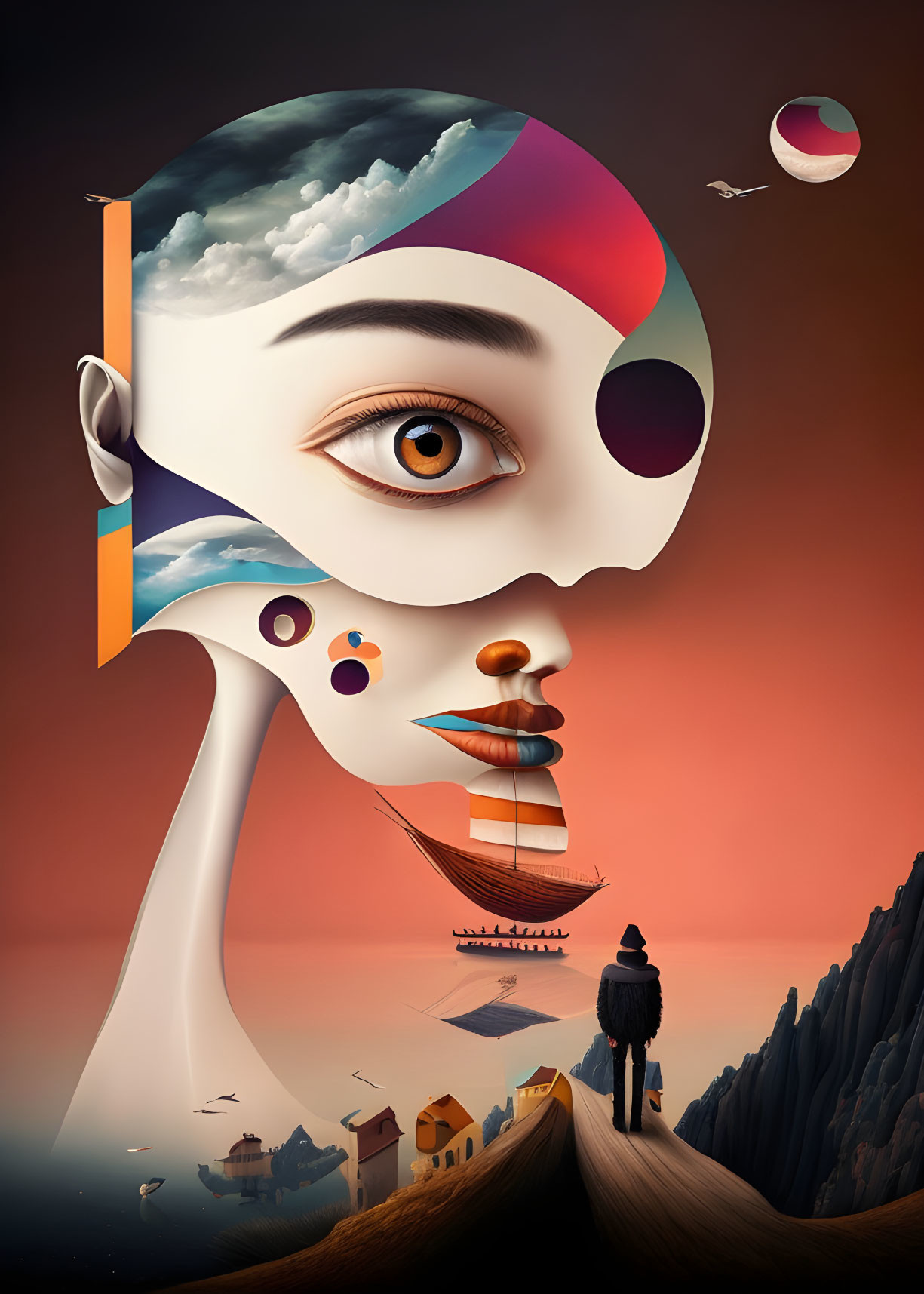Surreal digital artwork: humanoid figure with sliced face, abstract layers, boat, houses, solitary