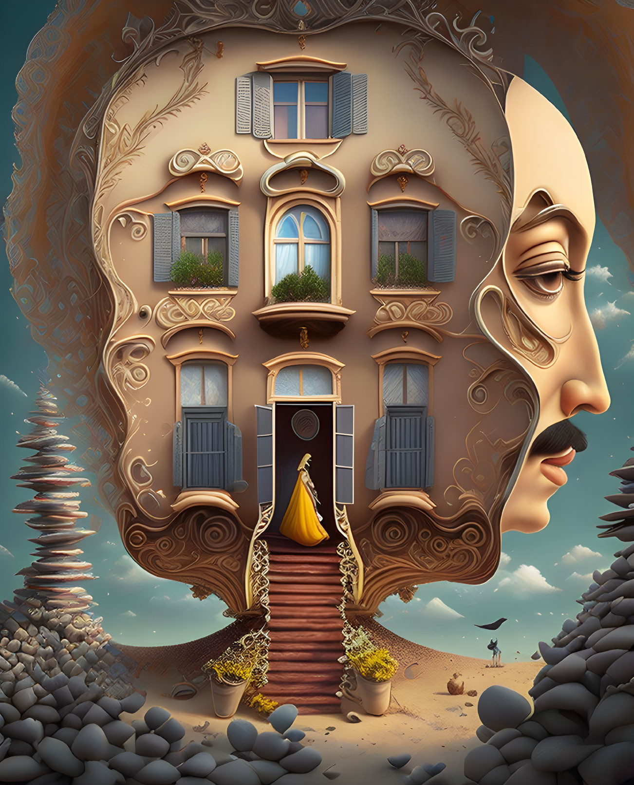 Surrealist image of human face building, floating islands, person in yellow dress