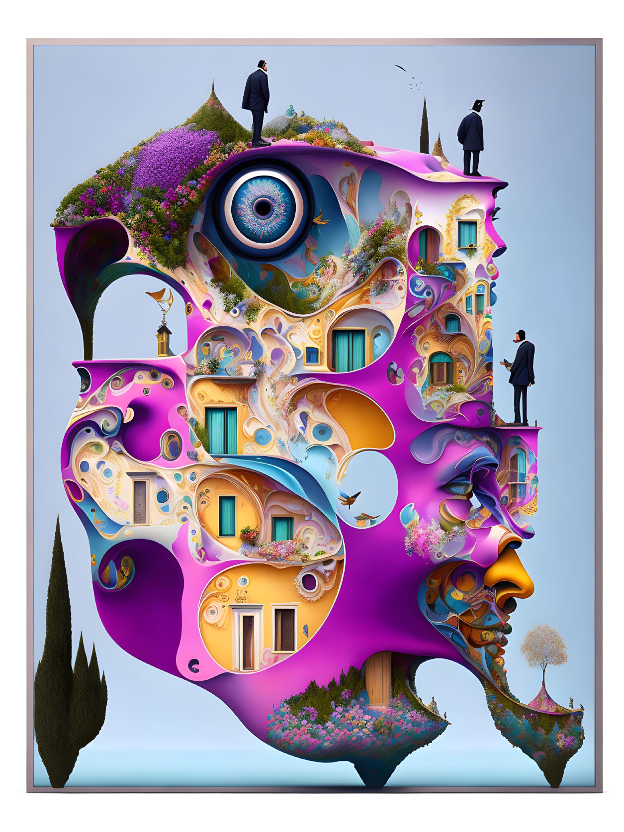 Colorful surreal artwork: Multi-faced structure with eyes, balconies, whimsical shapes, figures in