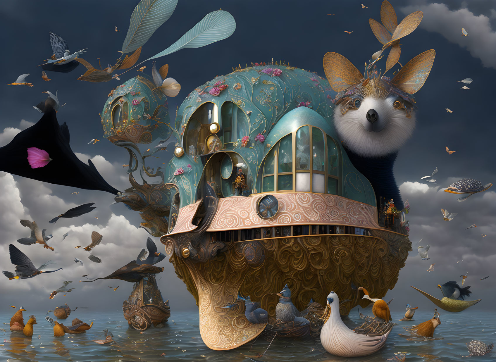 Fantastical animal-shaped houseboat with fox head in whimsical image