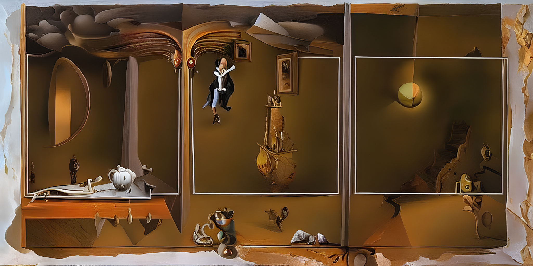 Surreal triptych artwork: Distorted room, floating elements, apple with human features,