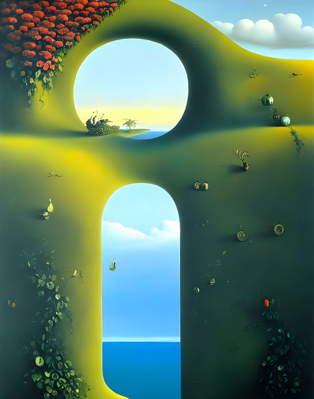 Surreal painting: Oversized letter "B" with natural landscapes and snails