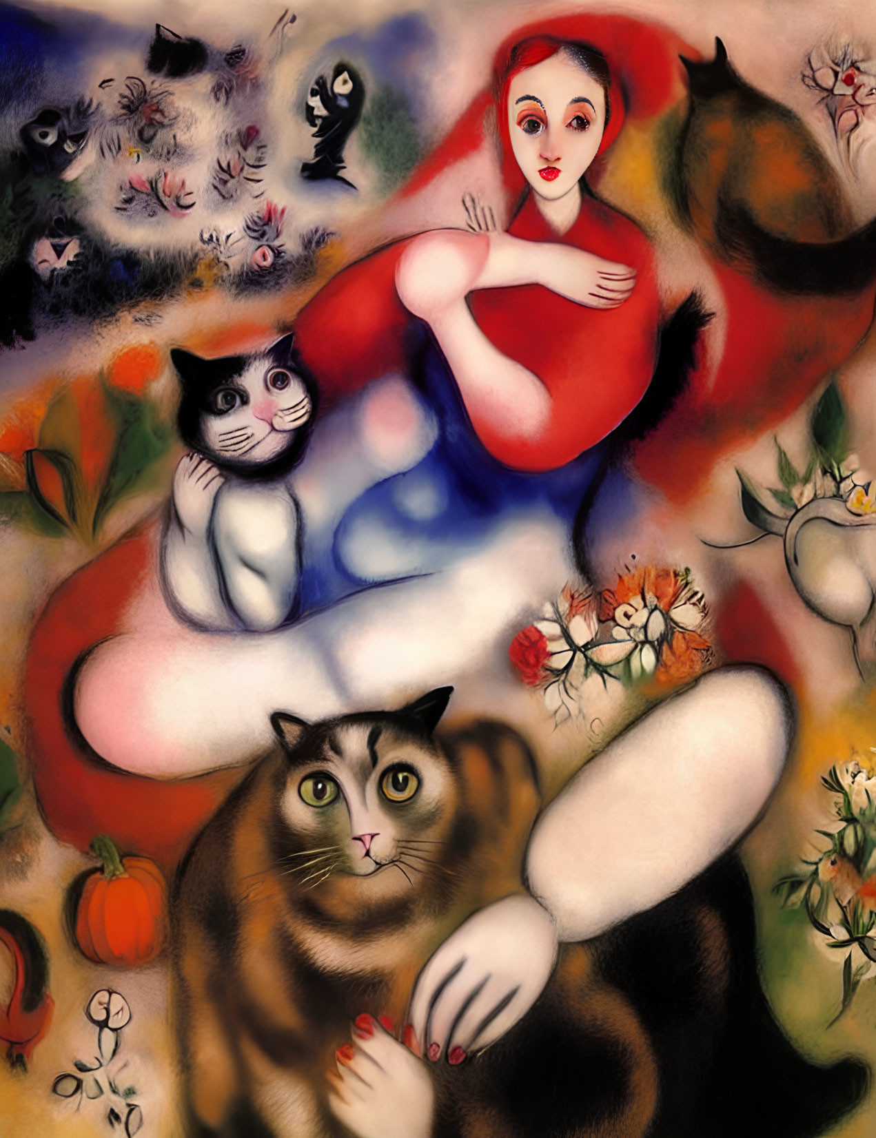 Surreal painting of woman with red headscarf holding cat surrounded by whimsical felines and