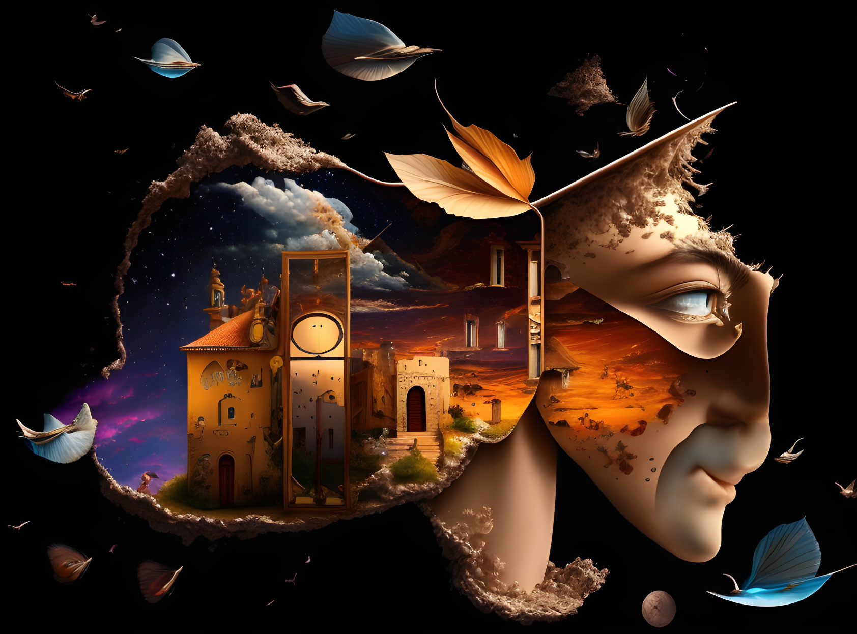 Fragmented face with clock tower, buildings, cosmos, feathers, and leaves on dark background