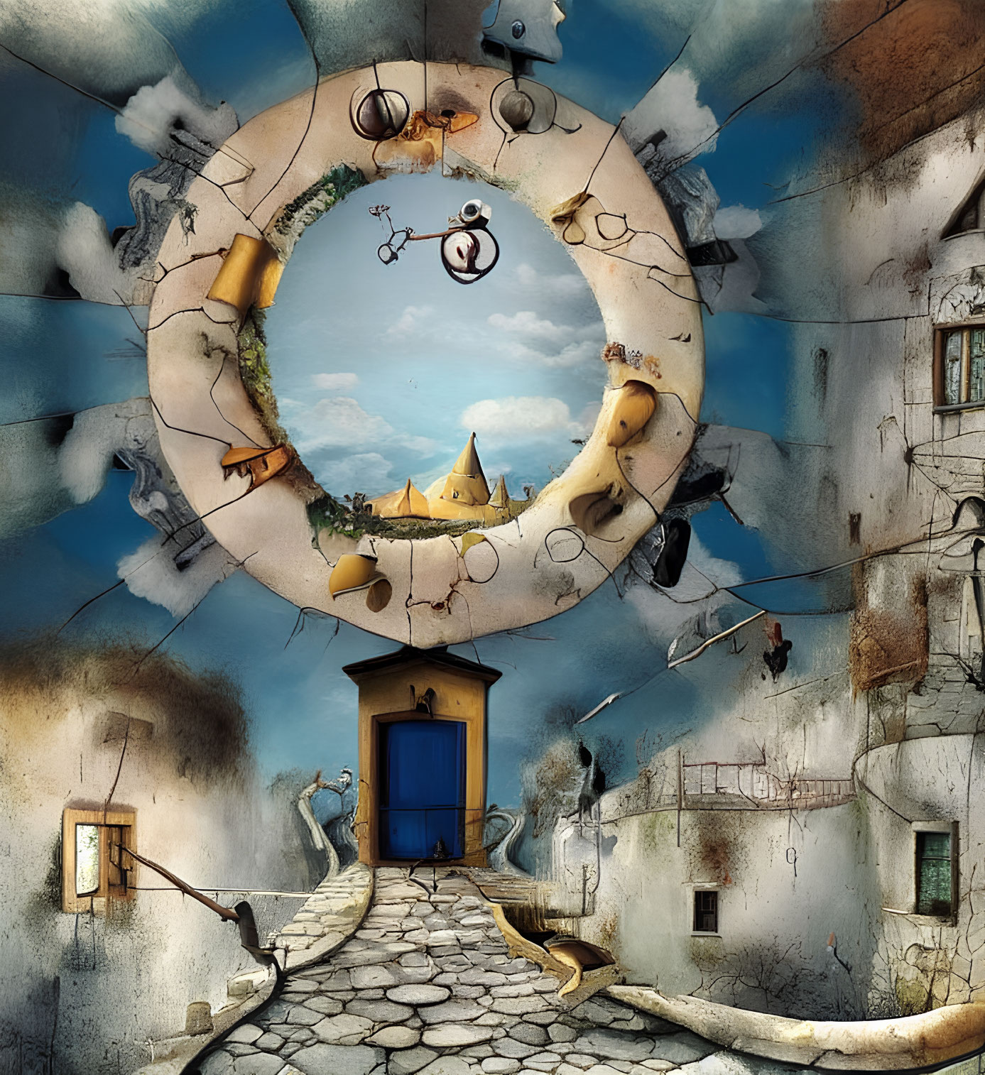 Circular cityscape with gravity-defying structures and blue door under serene sky