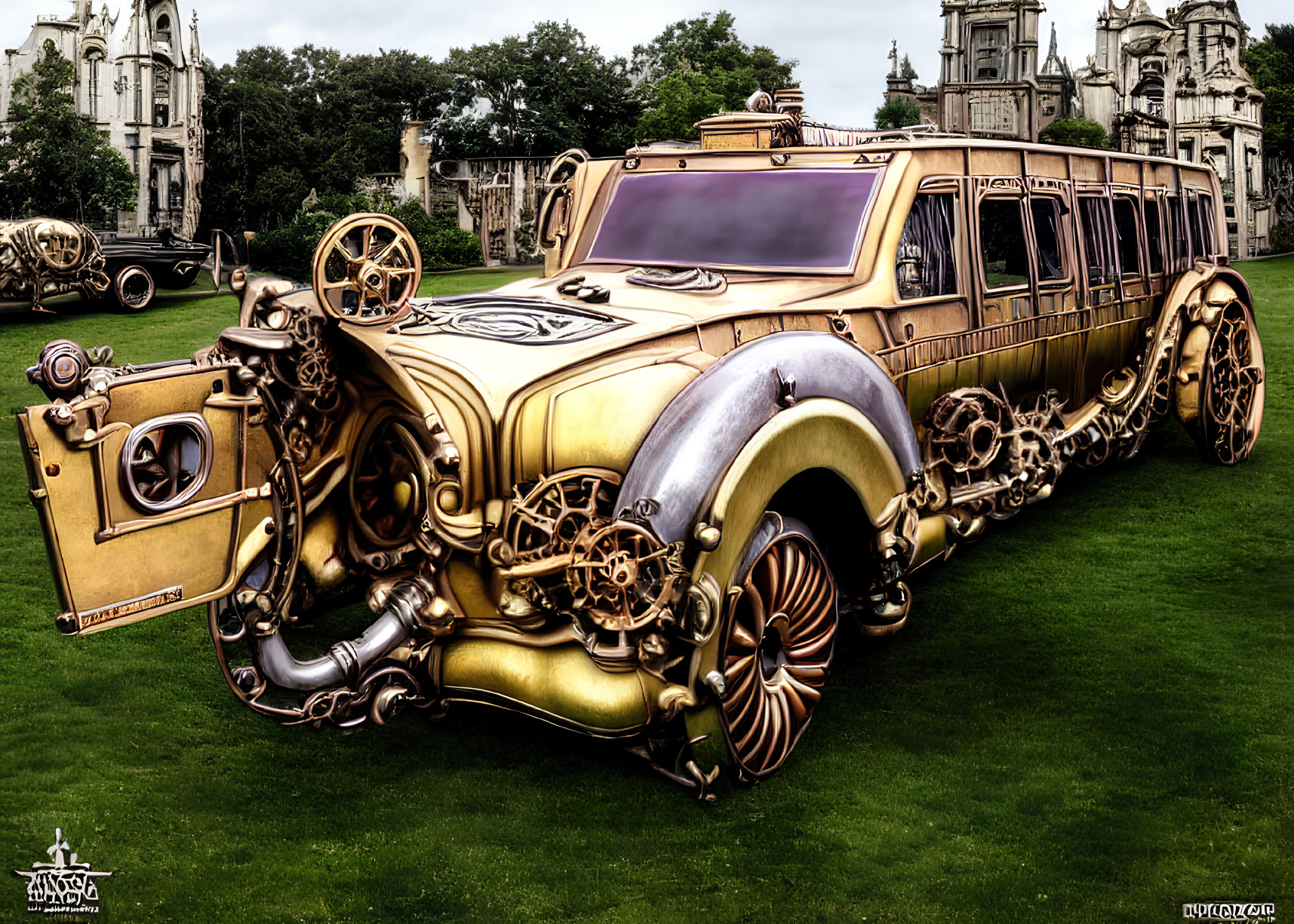 Steampunk-style ornate limousine with vintage gears and greenery.