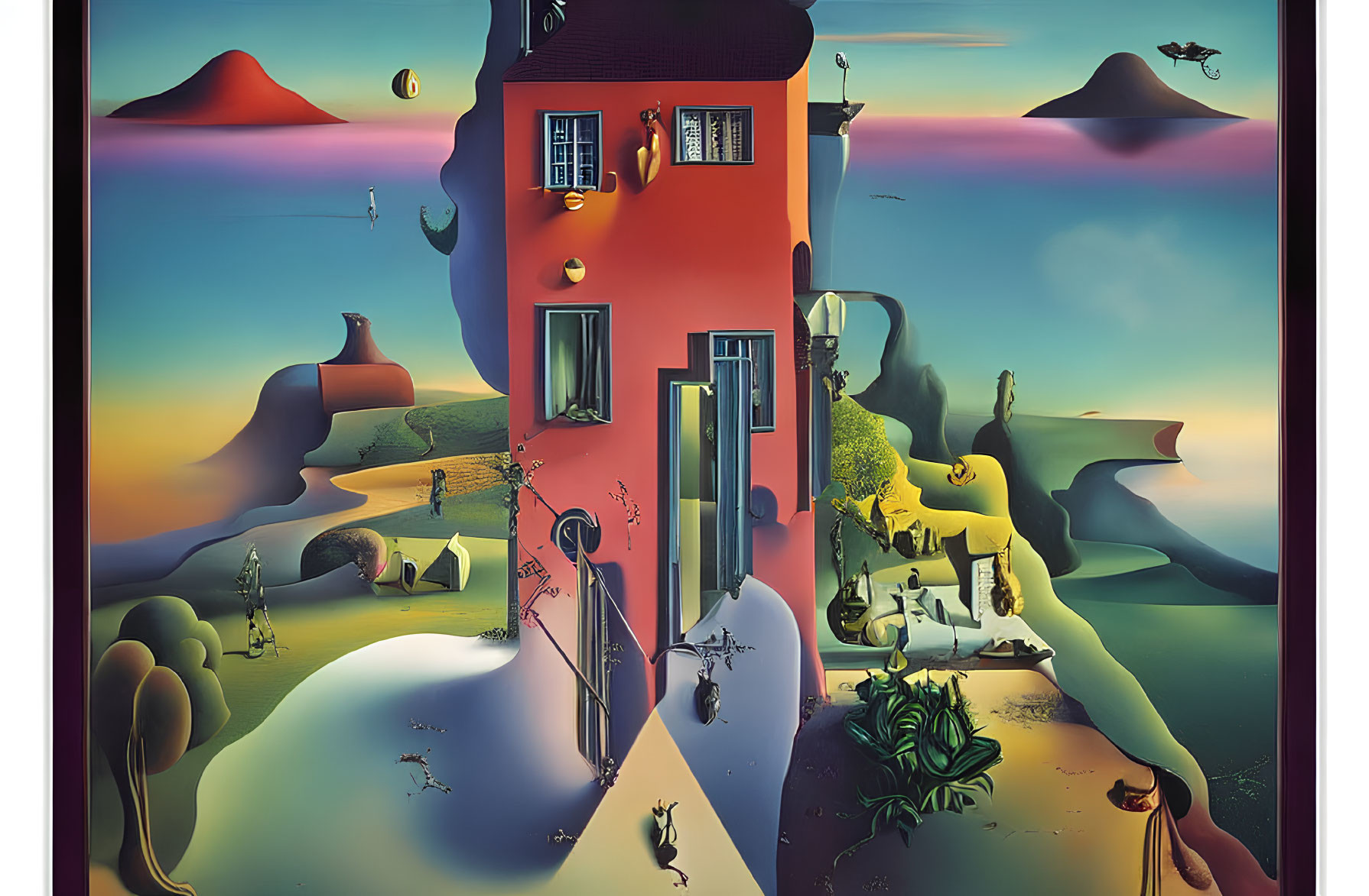 Surreal landscape with melting clock, whimsical characters, and red house under twilight sky