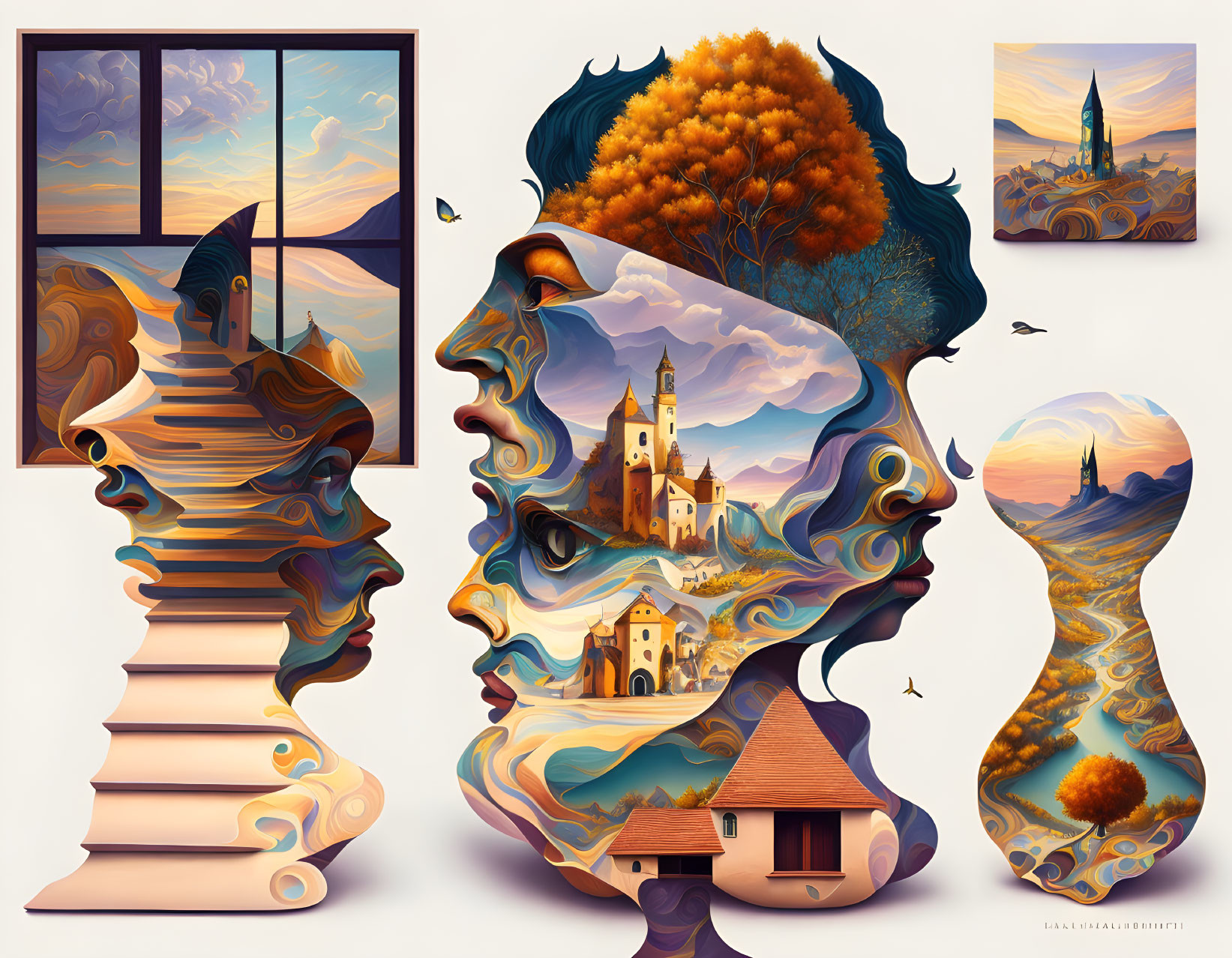 Surreal Artwork: Faces Merge with Landscape in Autumn Palette