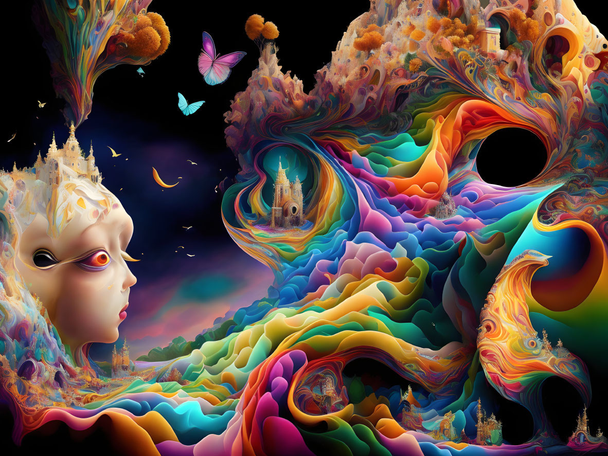 Vibrant surreal landscape with face, butterflies, castles in psychedelic scene