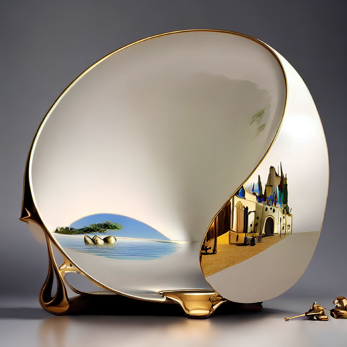 Golden Shell-Shaped Decorative Plate with Beach and Castle Scenes