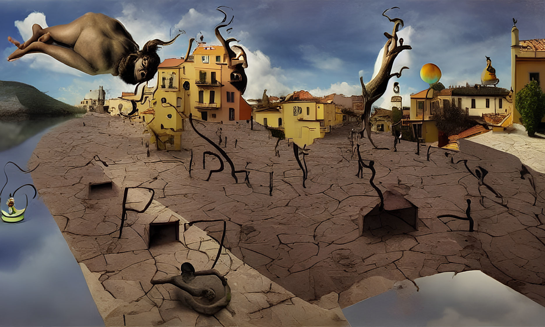 Surreal Salvador Dali-inspired melting landscape with dreamlike motifs