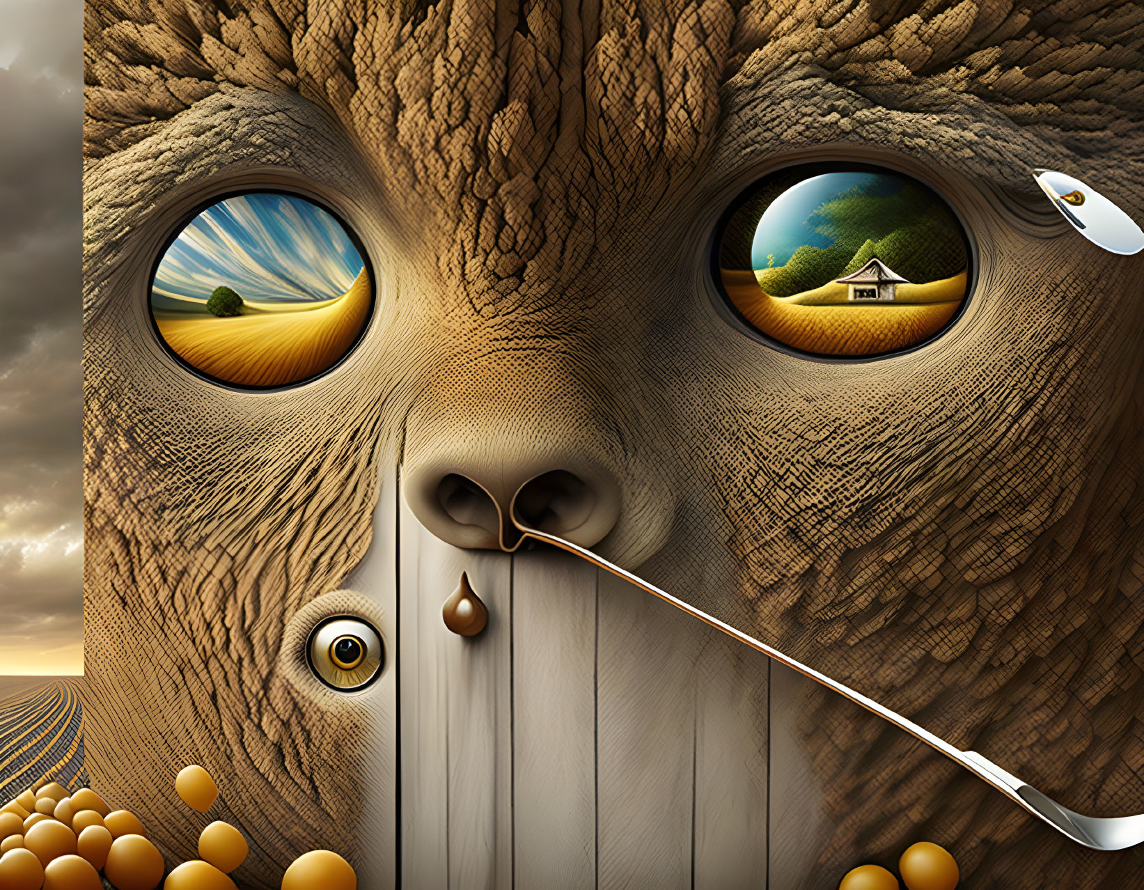 Surreal elephant art with expressive eyes and zipper scene