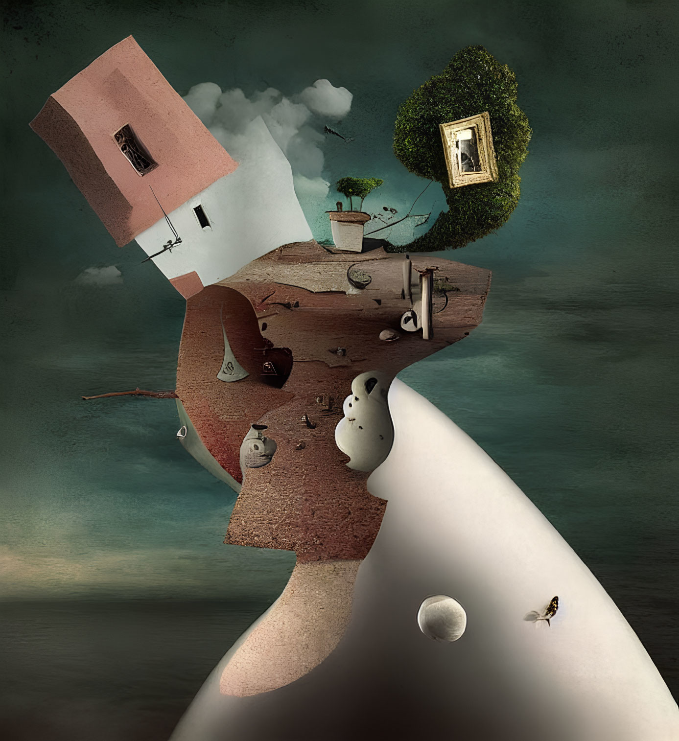 Whimsical floating land piece with house, tree, picture frame, and rock formations.