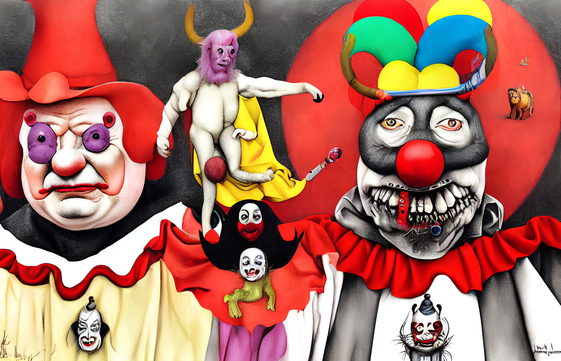 Array of Sinister Clown Faces in Colorful Variety