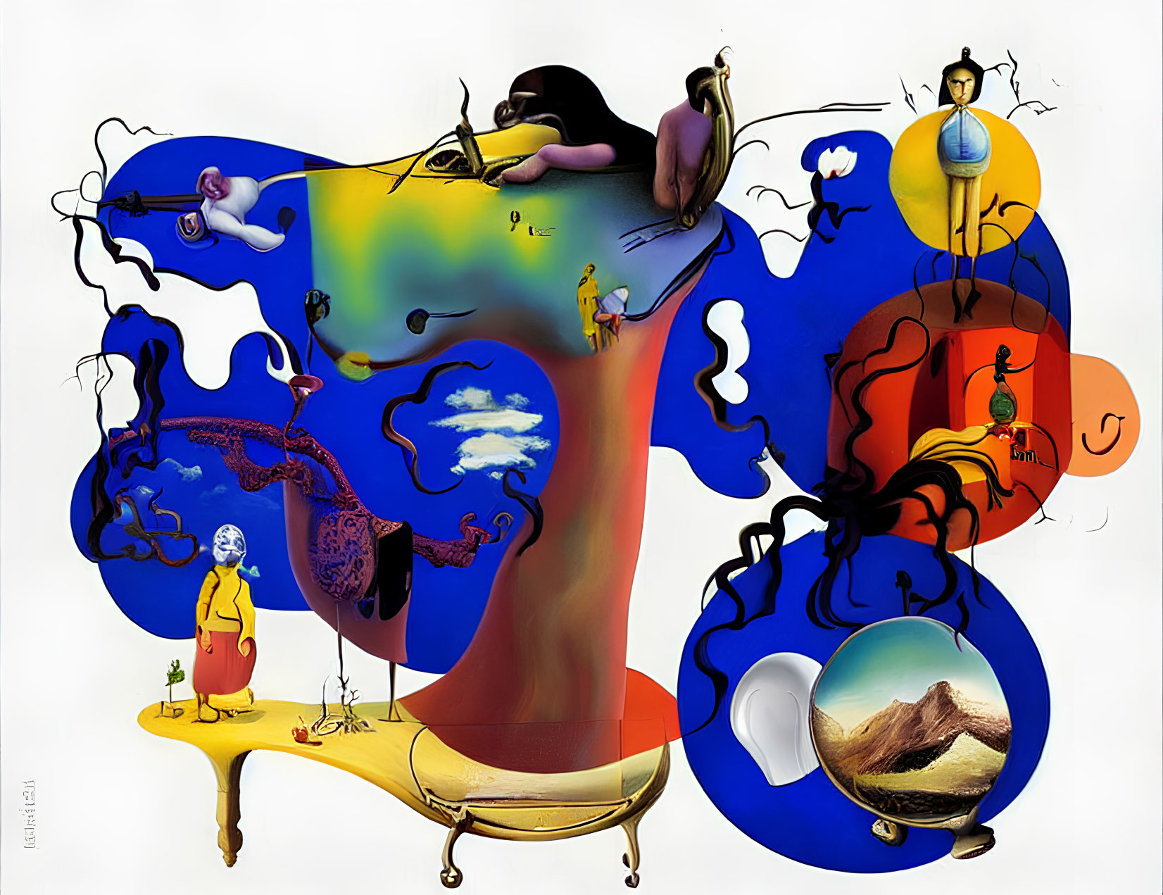Abstract surrealistic artwork featuring human figures, landscapes, and vibrant colors