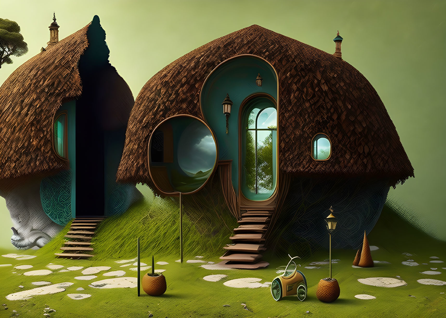Whimsical fantasy landscape with round thatched-roof huts and lush greenery