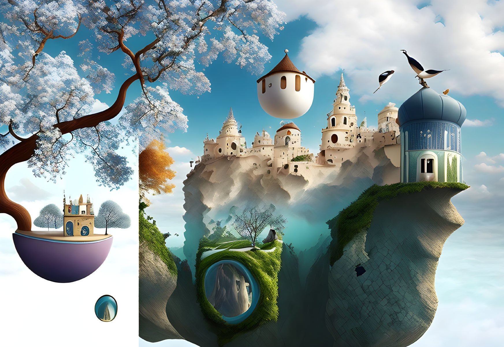 Whimsical Floating Island with Castles and Birds