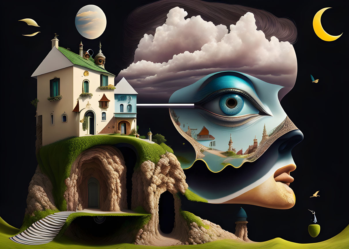 Surreal landscape blending woman's face with architecture and nature