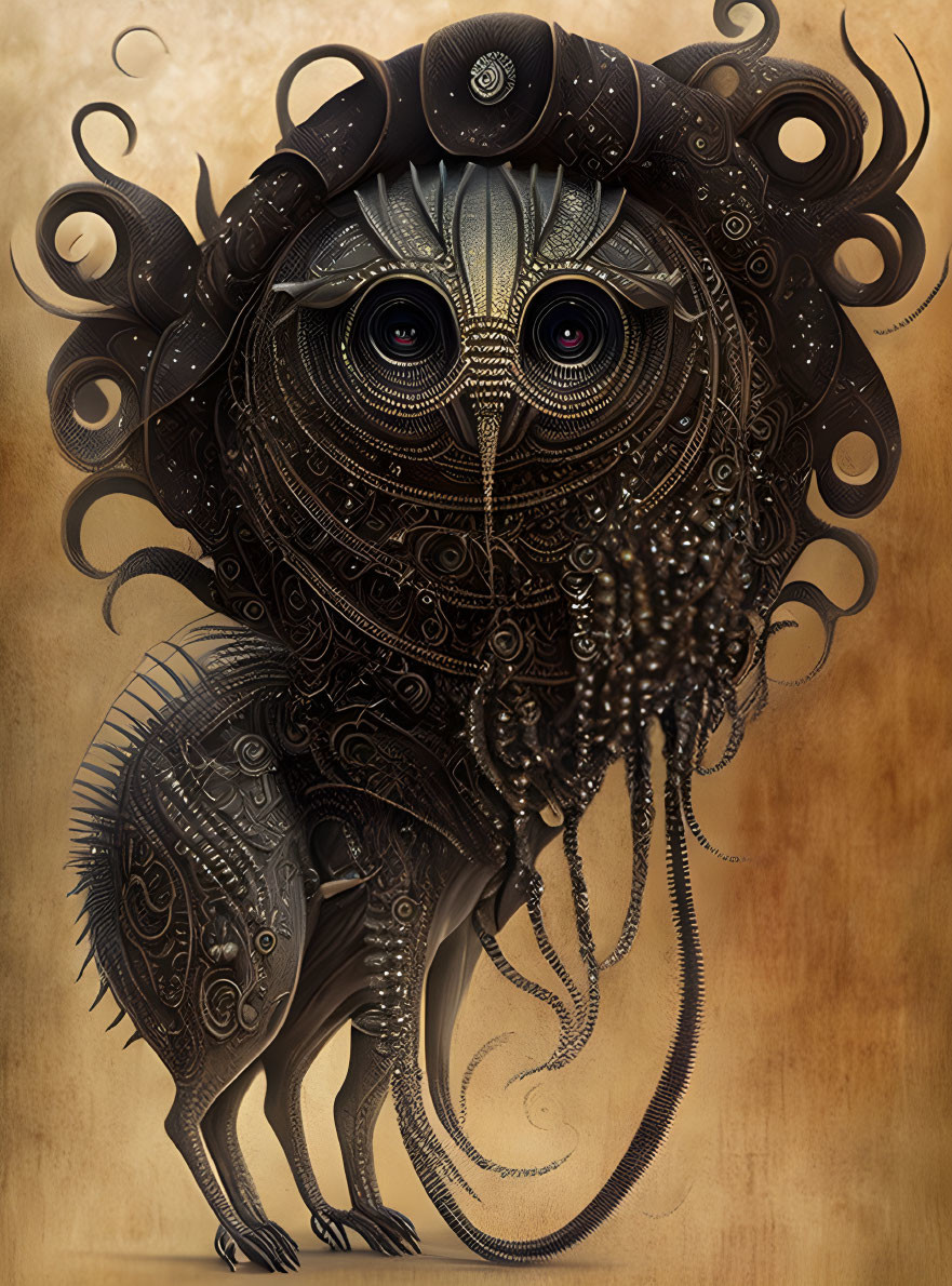 Steampunk owl illustration with mechanical details and multiple eyes