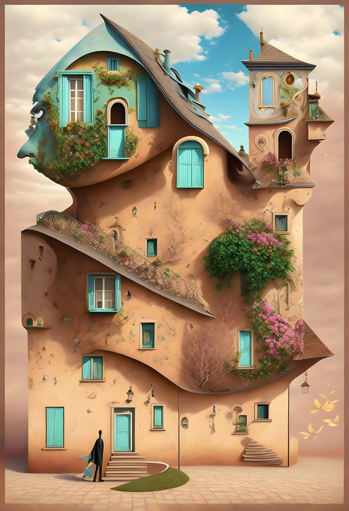Surreal illustration of a tall house with diverse windows and doors