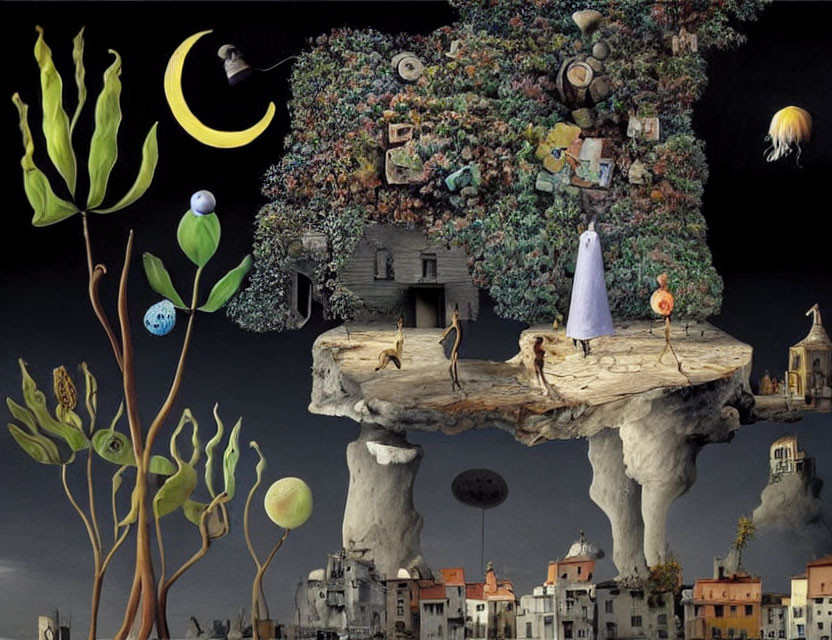 Surreal artwork: Floating islands, houses, figures, cityscape, crescent moon, dream