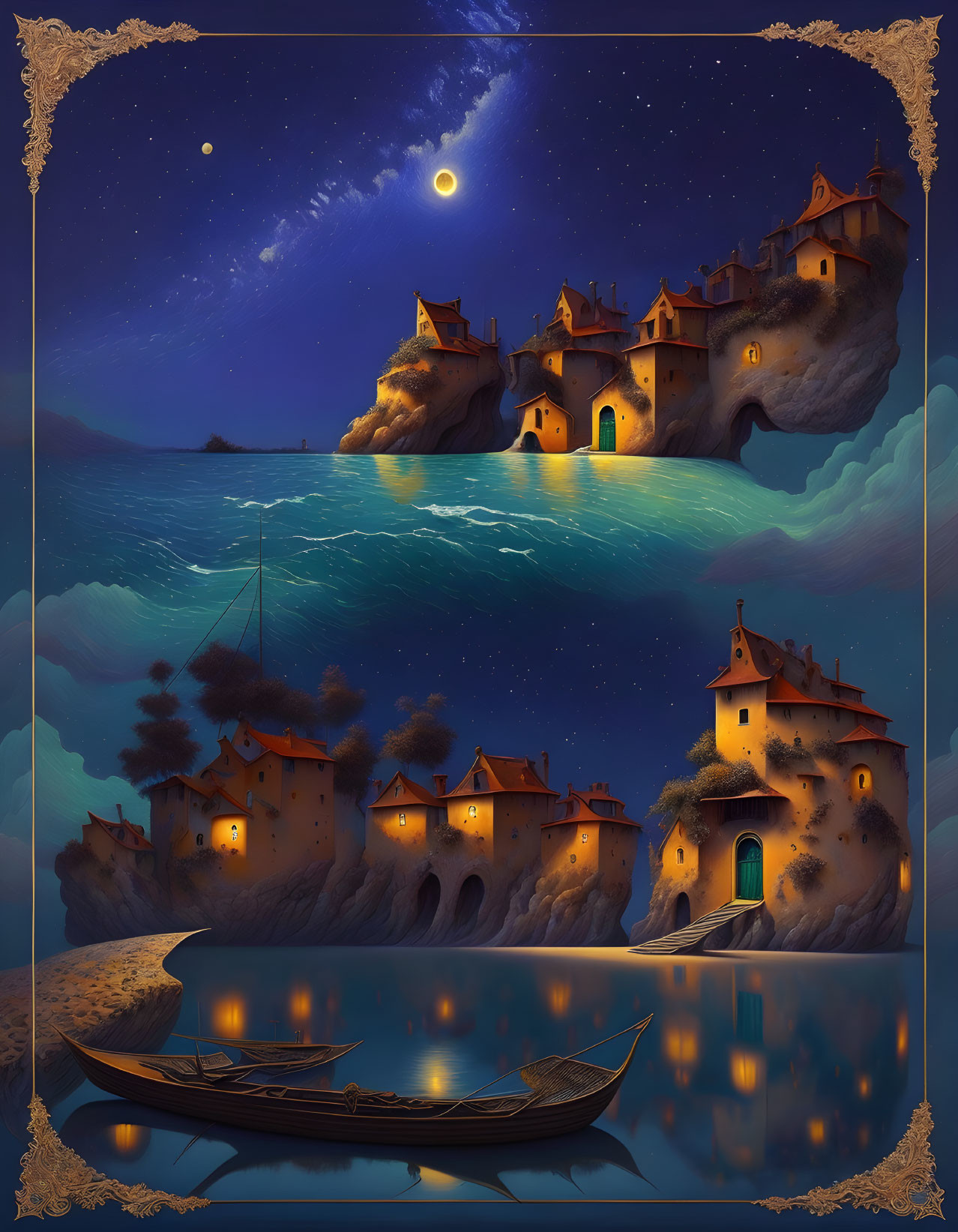Illuminated Cliff Houses Overlooking Tranquil Sea