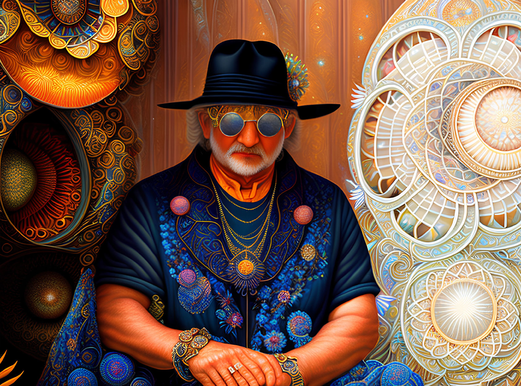 Man in Sunglasses and Hat Surrounded by Colorful Fractal Patterns