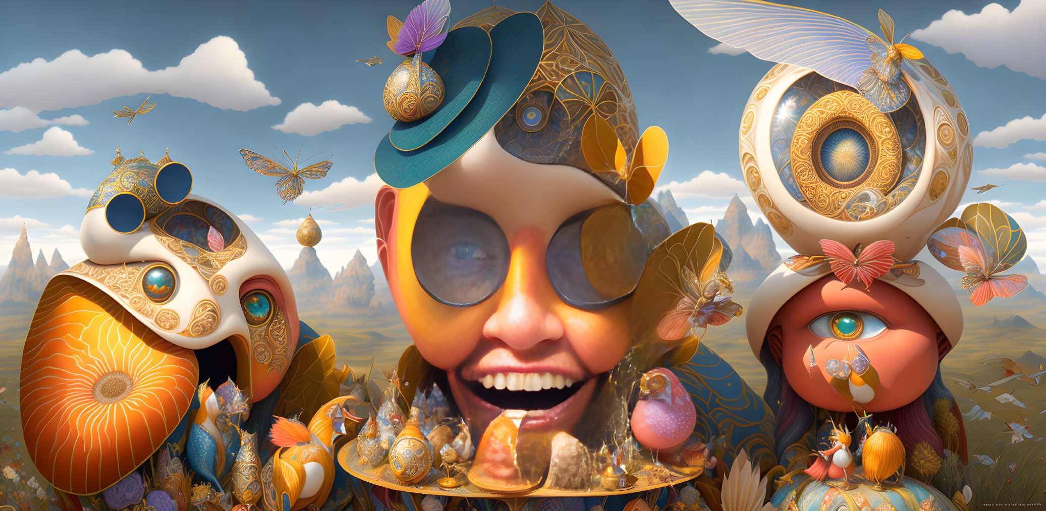 Whimsical surreal art: stylized characters with unique headgear in dreamlike setting