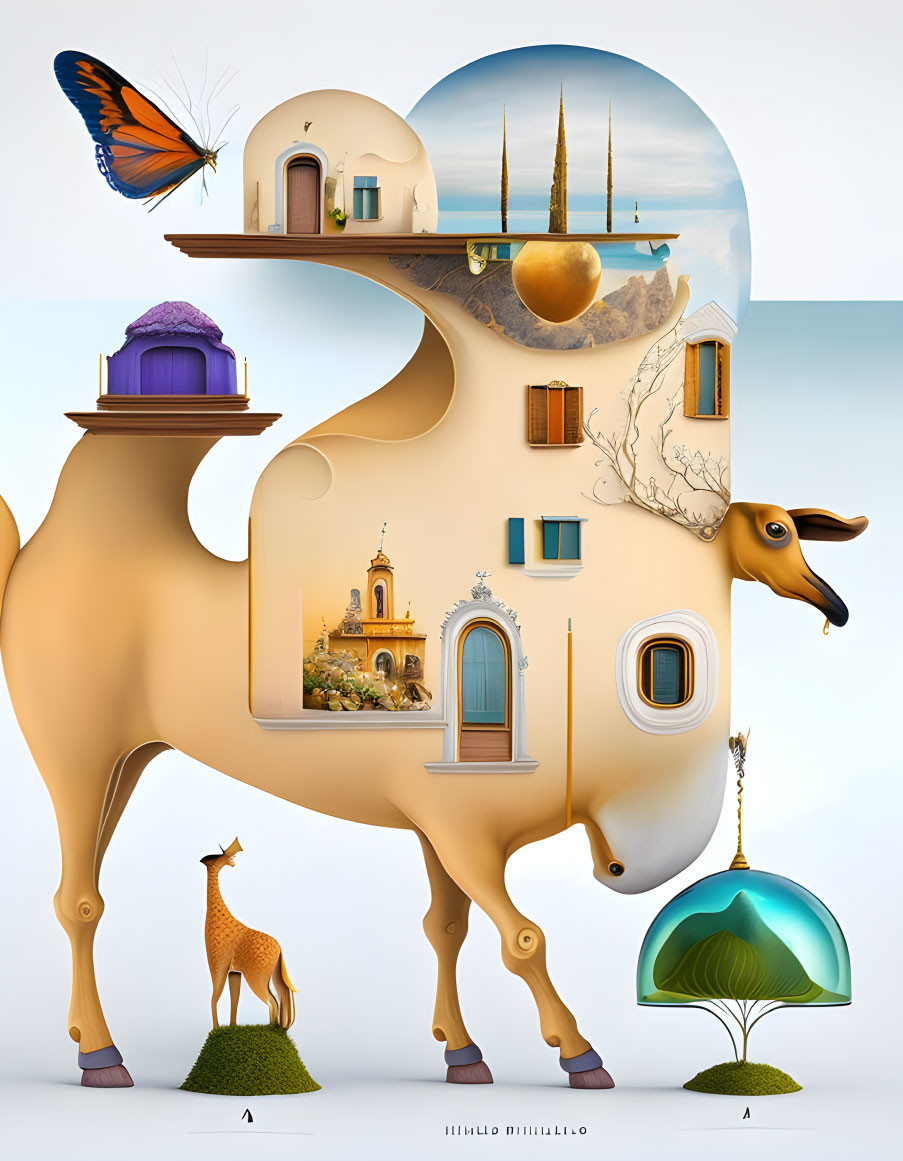 Illustration of cow with architectural and natural elements integrated